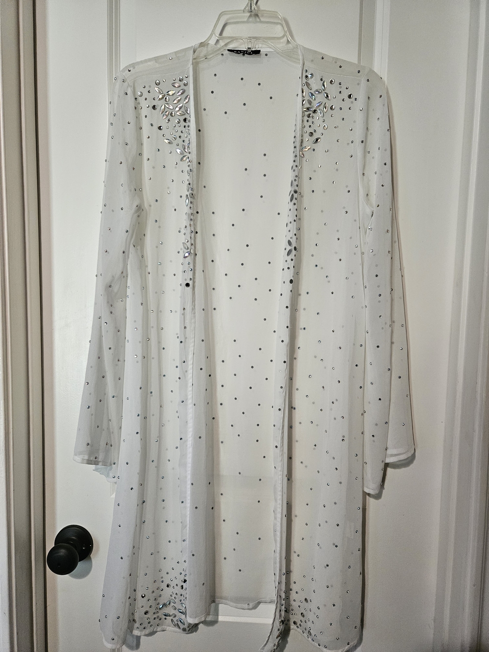 Banjul White Sheer Longline Robe with Crystal Embellishments